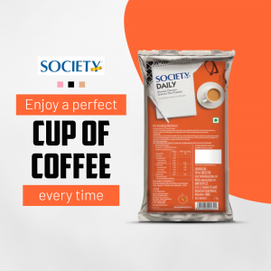 Packaging of Society Daily Coffee with a cup of coffee illustration