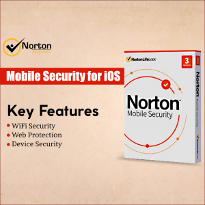 Norton Mobile Security for iOS advertisement showcasing key features.