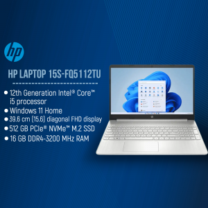 HP Laptop 15s-FQ5112TU with silver finish and Windows 11 display