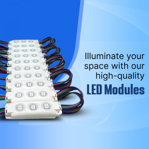 Close-up of LED modules with text promoting illumination