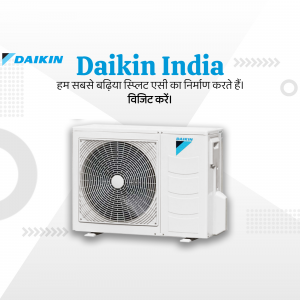 Daikin India outdoor air conditioner unit on a promotional background.