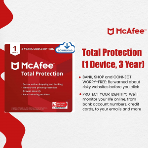 McAfee Total Protection software package for 1 device with a 3-year subscription.