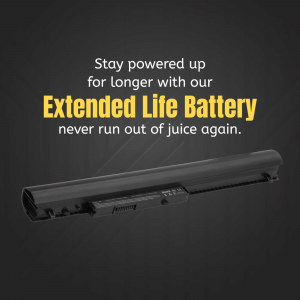 Black laptop battery with yellow text promoting extended battery life.