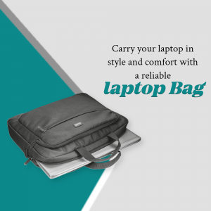 Black laptop bag with laptop and notebook on a teal and gray background