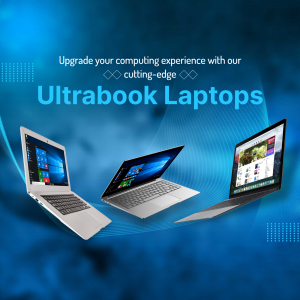 Three silver Ultrabook laptops displayed against a blue gradient background with text promoting computing upgrades.