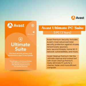 Avast Ultimate PC Suite packaging for 1 PC, 3 years of protection.