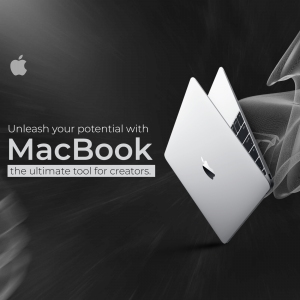 Silver MacBook Pro open on a dark, flowing background with text 'Unleash your potential with MacBook'