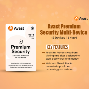 Avast Premium Security Multi-Device advertisement with key features highlighted.