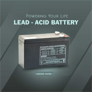Close-up of a black lead acid battery with text overlay 'Powering Your Life' and 'Lead - Acid Battery'