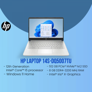 HP Laptop 14s-dq5007tu with Windows 11 Home displayed on screen