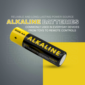 Close-up of AA alkaline batteries with yellow and gray background
