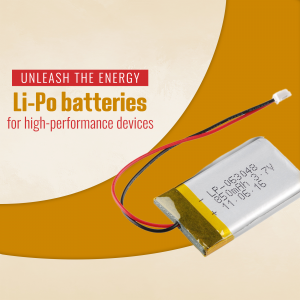 Close-up of a Li-Po battery with red and black wires, showcasing its specifications.