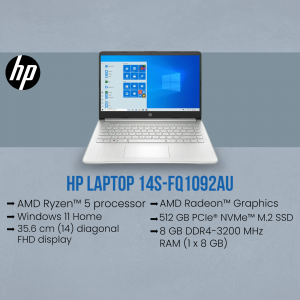 HP Laptop 14s-fq1092au with specifications displayed