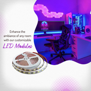 Gaming room setup with LED light panels and strips