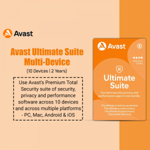 Avast Ultimate Suite packaging for 10 devices and 2 years of protection.