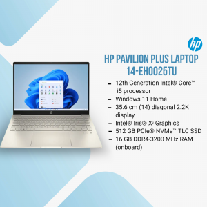 HP Pavilion Plus Laptop 14-EH0025TU with specifications displayed on screen