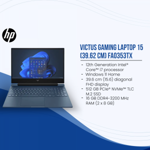 HP Victus Gaming Laptop 15 with blue accents and specifications listed