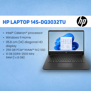 HP Laptop 14s-dq3032tu with Windows 11 Home displayed on screen