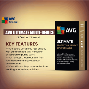 AVG Ultimate Multi-Device Antivirus software package displayed on a laptop screen.