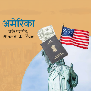Image depicting a US visa application with an Indian passport, US flag, Statue of Liberty, and US currency.
