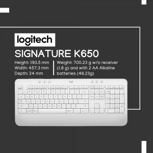 Logitech Signature K650 wireless keyboard with dimensions and weight specifications