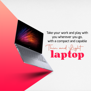 Silver laptop floating on a red and white background with text promoting portability.