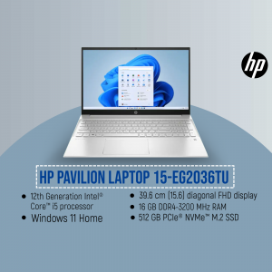 HP Pavilion 15-EG2036TU laptop with Windows 11 displayed on the screen