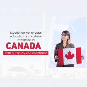 A student holding a Canadian flag in front of the Toronto skyline, promoting study visa assistance.