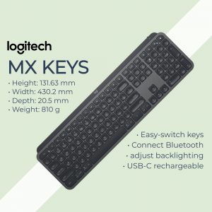 Logitech MX Keys wireless keyboard with dimensions and features listed