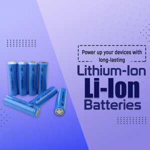 Close-up of blue lithium-ion batteries with text promoting long-lasting power.