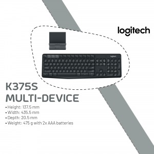Logitech K375S Multi-Device Wireless Keyboard with dimensions and branding