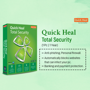 Quick Heal Total Security software packaging for 1 PC, 1 year subscription