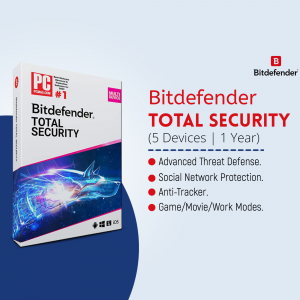 Bitdefender Total Security software box with a futuristic design.
