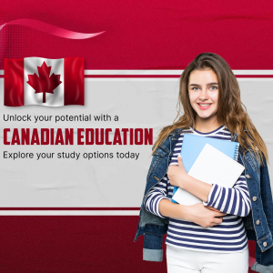 Young woman holding books with a Canadian flag and text promoting Canadian education.