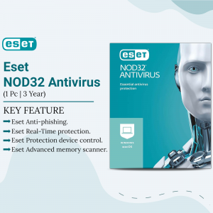 ESET NOD32 Antivirus software box with robotic face in the background