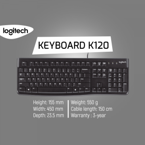 Logitech K120 wired keyboard with dimensions
