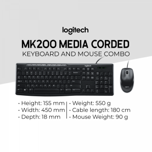 Logitech MK200 corded keyboard and mouse combo with dimensions