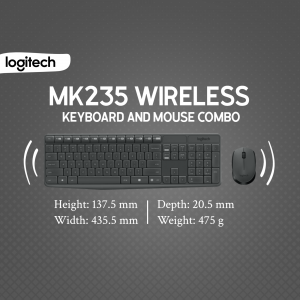 Logitech MK235 Wireless Keyboard and Mouse Combo on a gray background