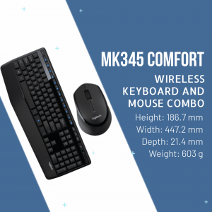 Logitech MK345 wireless keyboard and mouse combo on a two-tone blue background