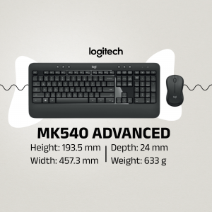 Logitech MK540 Advanced wireless keyboard and mouse set on a light gray background.