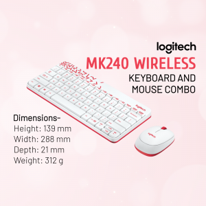 White Logitech MK240 wireless keyboard and mouse combo with red accents