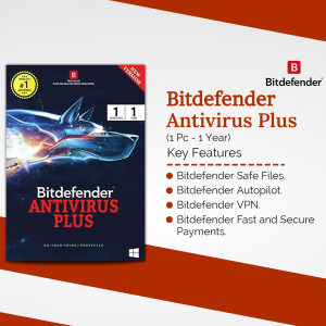 Bitdefender Antivirus Plus software box with key features listed.