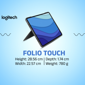 Logitech Folio Touch keyboard case for iPad displayed on a blue background