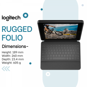 Logitech Rugged Folio keyboard case with iPad displaying a mountain biking scene