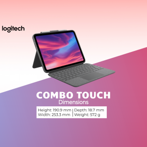 Logitech Combo Touch keyboard case with iPad displayed against a pink and blue gradient background