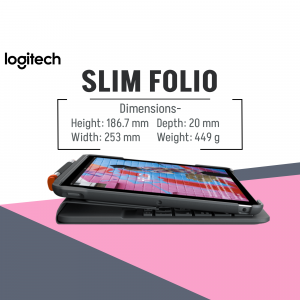 Logitech Slim Folio keyboard case with dimensions displayed