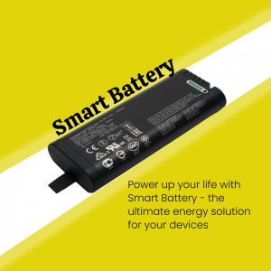Close-up of a black Smart Battery with text overlay and yellow background