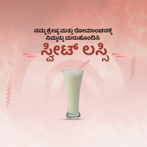 A glass of creamy lassi with a pink and orange background.