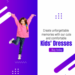 A young girl jumping with arms raised, wearing a pink jacket and jeans, promoting kids' dresses.