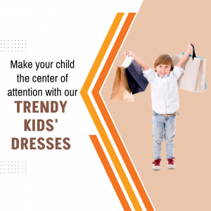 A young boy jumping with shopping bags, promoting trendy kids' dresses.